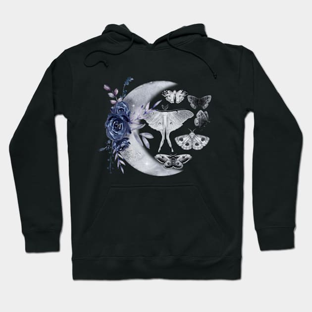 Celestial Moth Moon Hoodie by HoldenFamilyDesigns